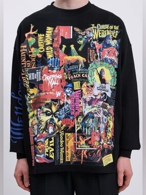 WE11DONE Horror Collage Long Sleeve Shirt Black Oversized M Halloween Graphic